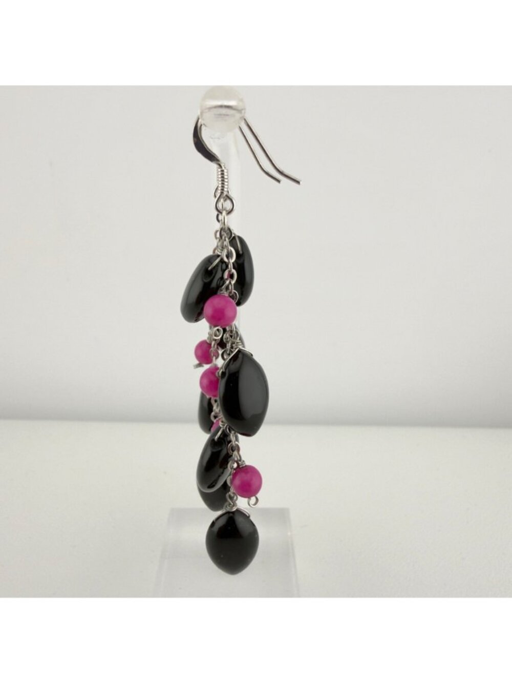 Sterling Silver Long Beaded Dangle Earrings Black Pink 2.5" - Picture 2 of 10